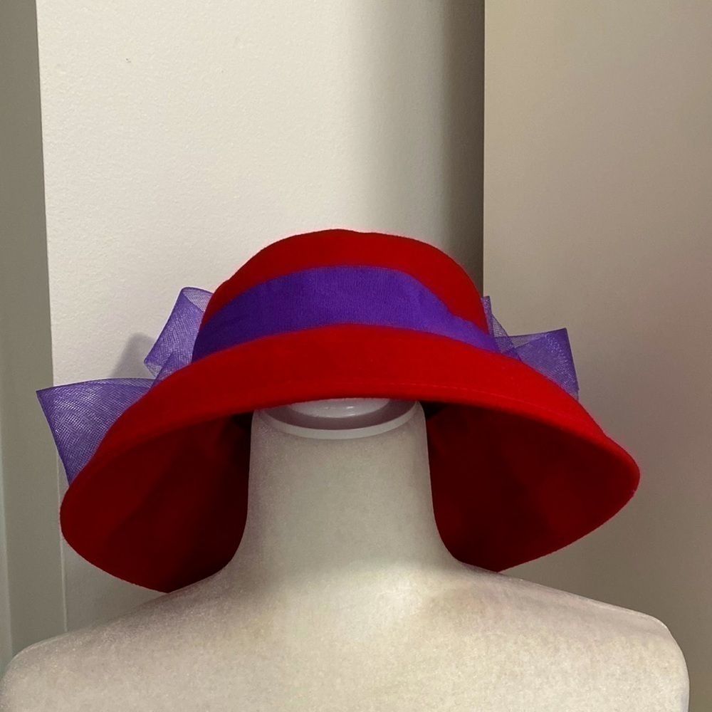 Scala Red Wool Felt Wide Brim Hat with Purple Bow Accent 59cm